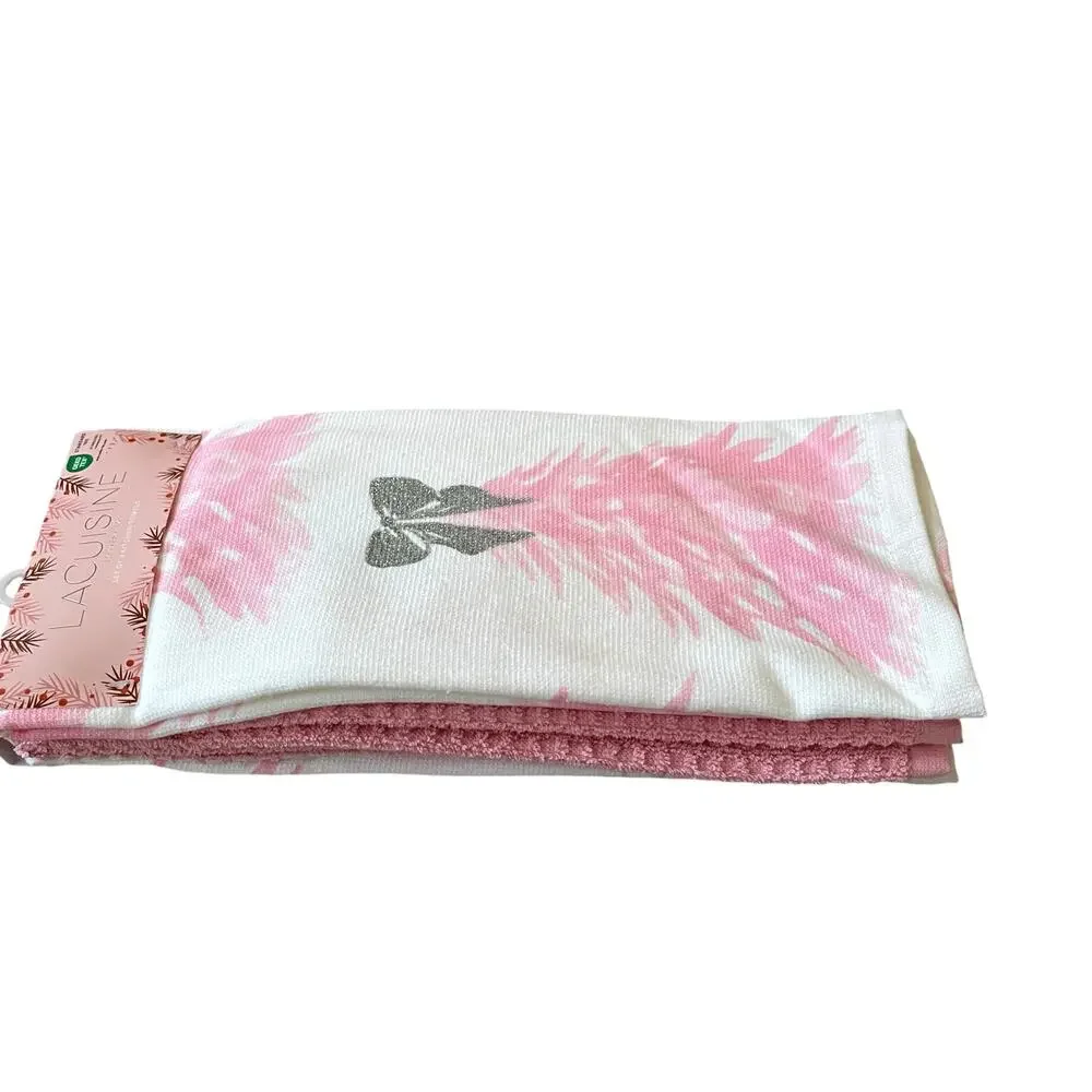 Pink Christmas Tree Kitchen Towels w/ Silver Glitter Bow Set of 4 Holiday GLA6